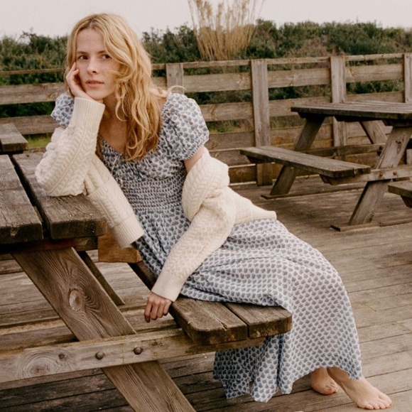 Doen Quinn Cotton Smocked Short Sleeve Midi Maxi Dress Dahlia Ditsy Blue White - Picture 8 of 16